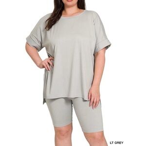 ZENANA- Light Gray Top & Biker Short 2 piece Lounge Set